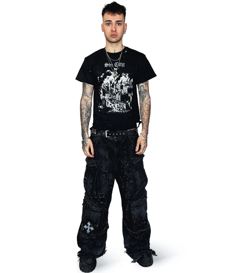 SIN CITY - DISTRESSED T-SHIRT | BLACK/WHITE UNISEX - Image 2