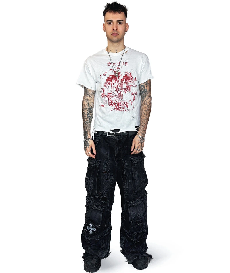SIN CITY - DISTRESSED T-SHIRT | WHITE/RED UNISEX - Image 2