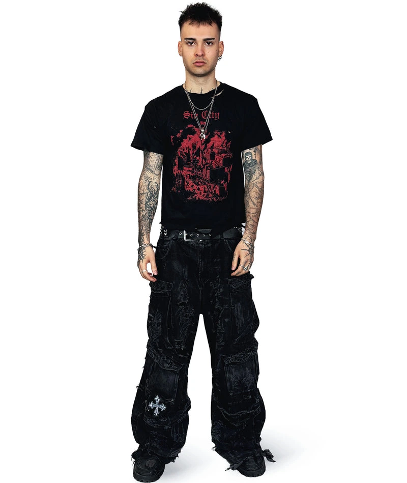 SIN CITY - DISTRESSED T-SHIRT | BLACK/RED UNISEX - Image 2