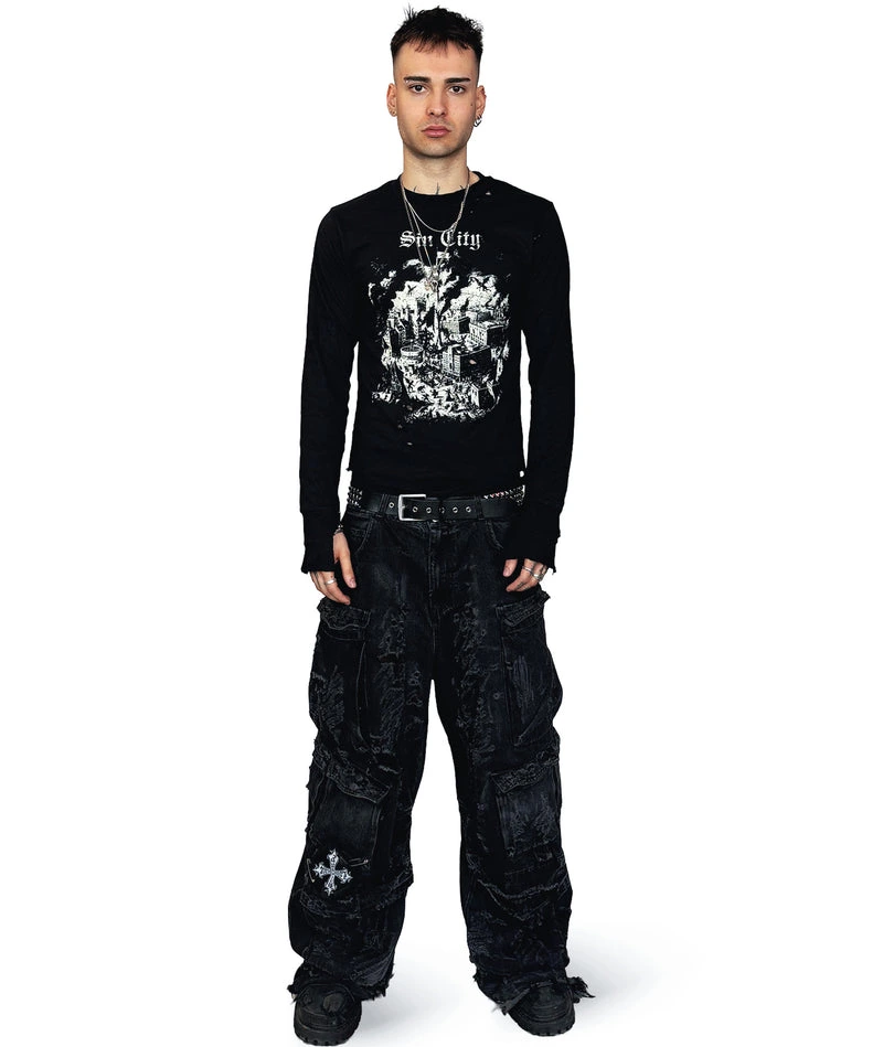 SIN CITY - DISTRESSED LONGSLEEVE | BLACK/WHITE, UNISEX - Image 3
